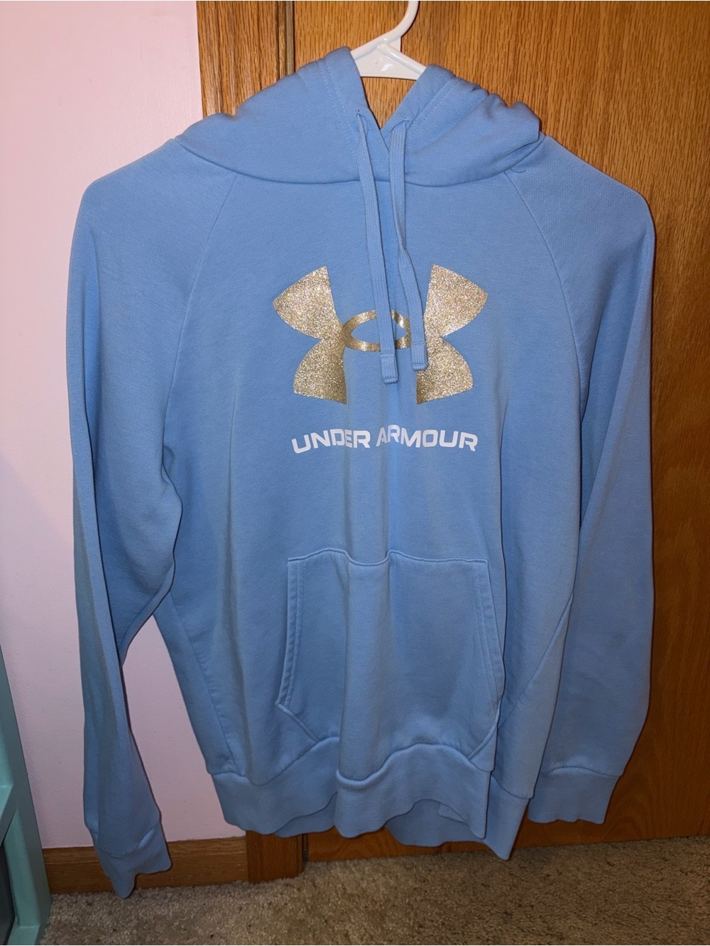 Under Armour Women's Sky Blue Hoodie with Gold Logo Size M